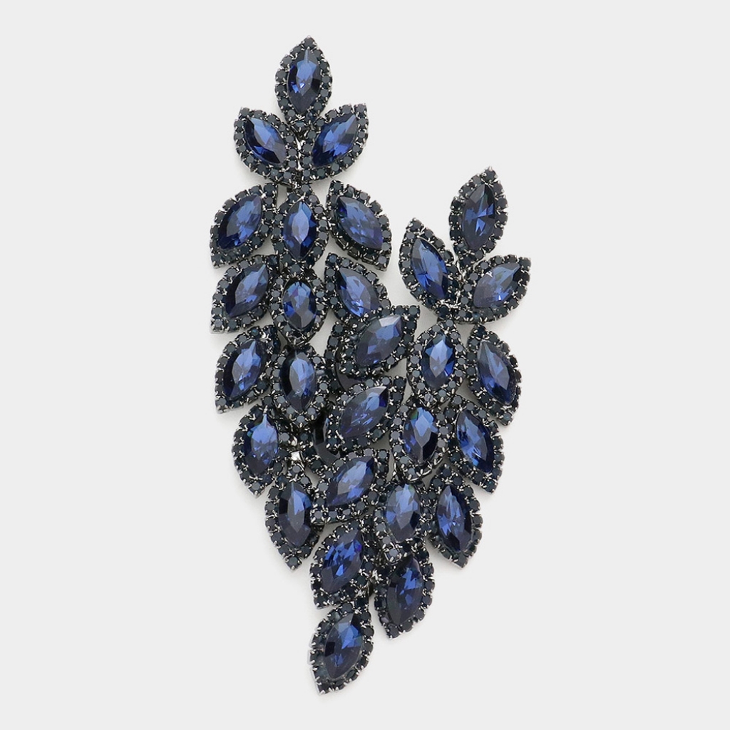 Navy Blue Marquise Crystal Leaf Drop Dangle Earrings 3.25